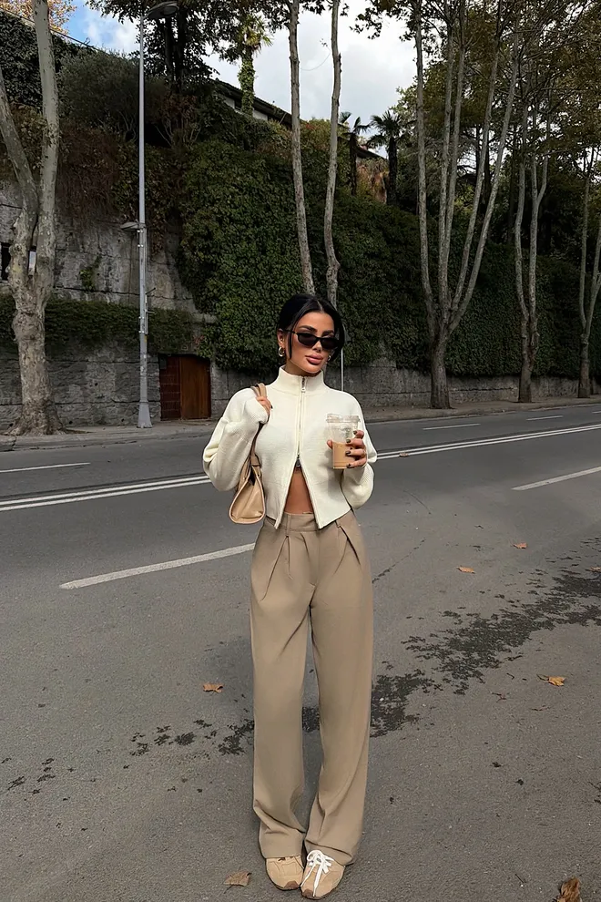 EYYO ATELIER Beige Cardigan Zip Up High Neck Crop – Regular Fit Wholesale Clothing 1