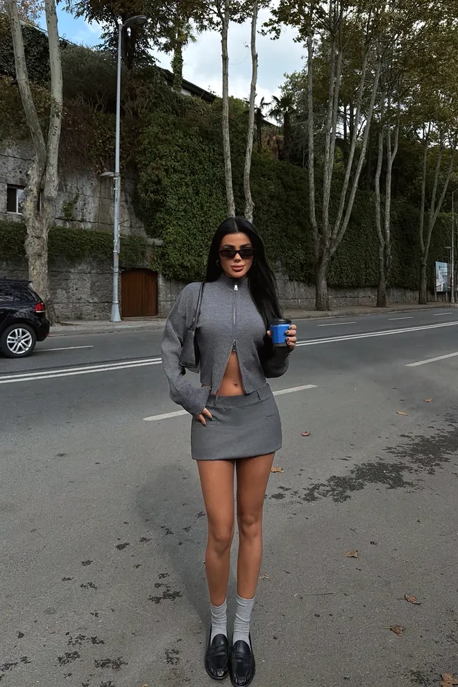 EYYO ATELIER Grey Slim Fit Crop Cardigan With Zip Up Closure Wholesale Clothing 1