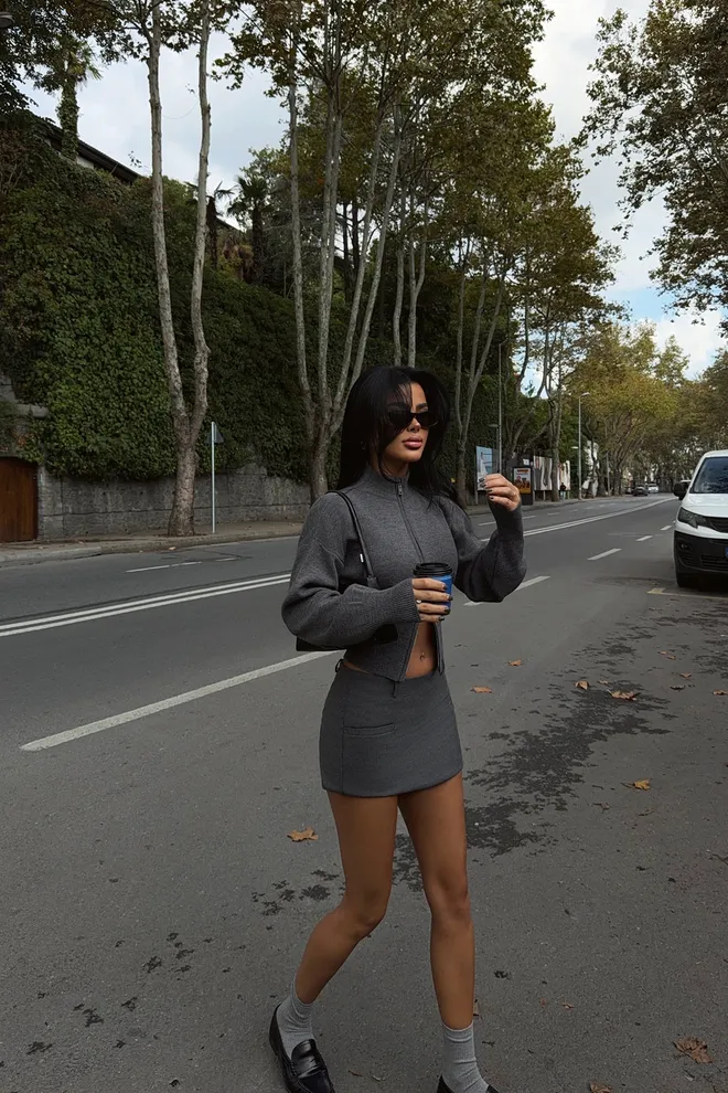 EYYO ATELIER Grey Slim Fit Crop Cardigan With Zip Up Closure Wholesale Clothing Fall