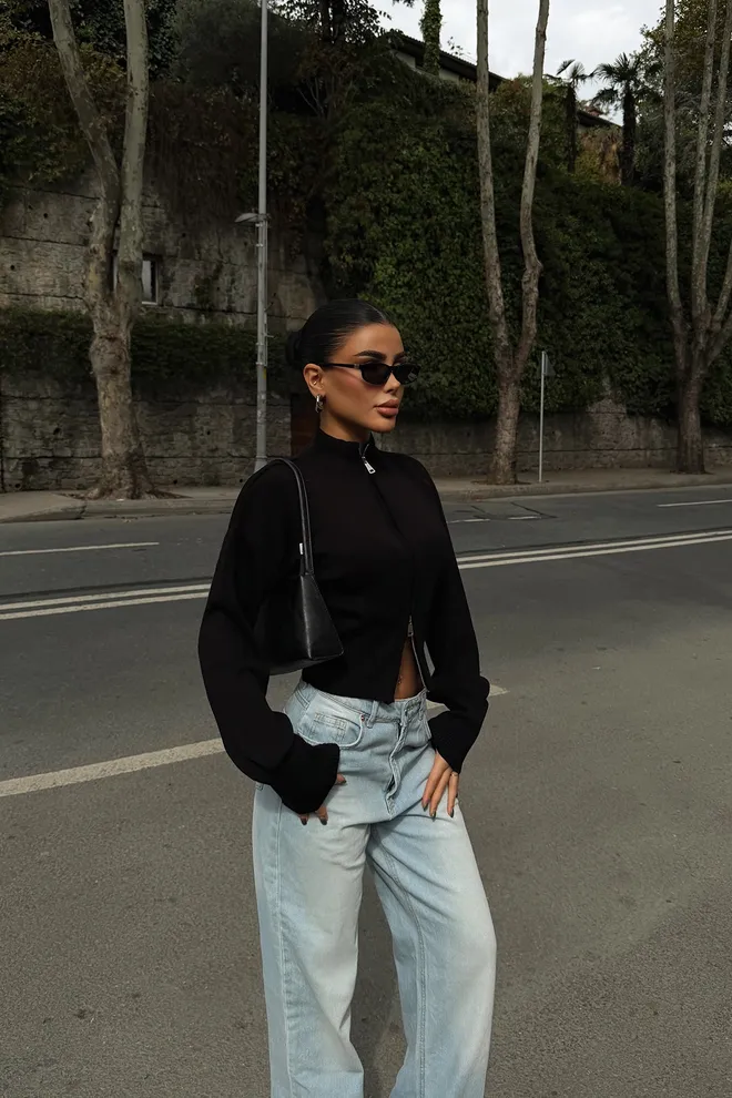 EYYO ATELIER Black Slim Fit Crop Cardigan Zip Up Wholesale Clothing Fall