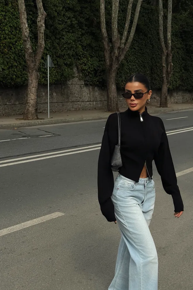 EYYO ATELIER Black Slim Fit Crop Cardigan Zip Up Wholesale Clothing Lounge