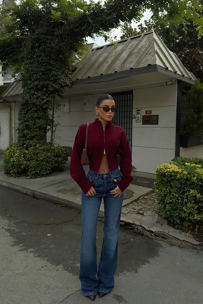 EYYO ATELIER Claret Red Cardigan With Zip Up And High Neck Wholesale Clothing Fall