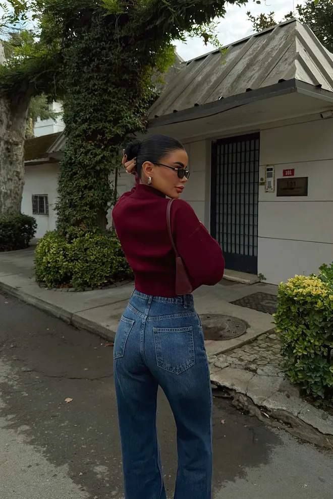 EYYO ATELIER Claret Red Cardigan With Zip Up And High Neck Wholesale Clothing Sexy