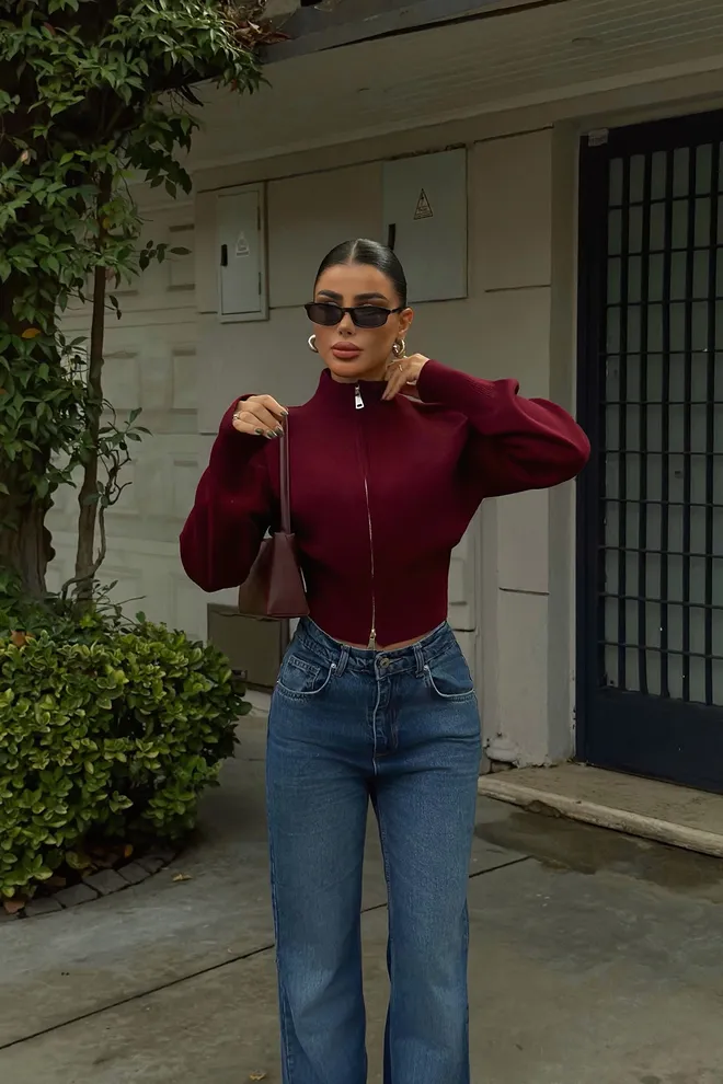 EYYO ATELIER Claret Red Cardigan With Zip Up And High Neck Wholesale Clothing 1