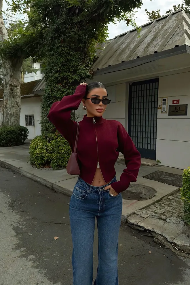 EYYO ATELIER Claret Red Cardigan With Zip Up And High Neck Wholesale Clothing Lounge