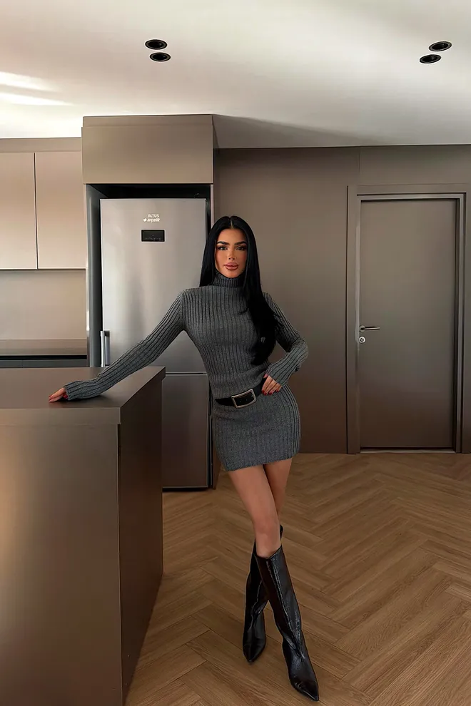 EYYO ATELIER Sexy Grey Bodycon Mini Dress With Turtle Neck Wholesale Clothing Casual