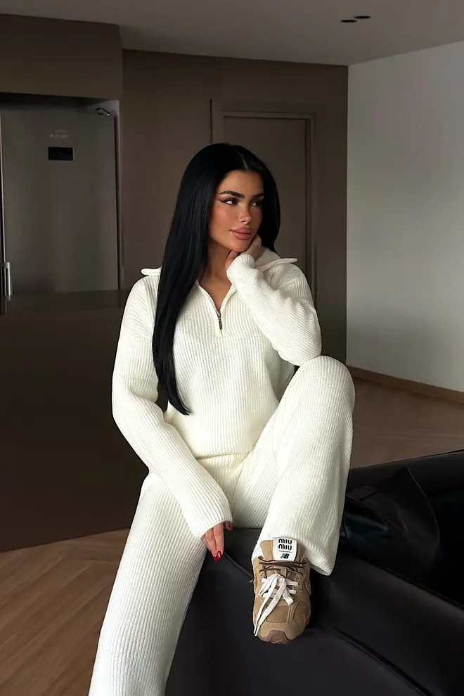 EYYO ATELIER Комплект Бял Елегантен Палацо За Зимно Ежедневие И Работа Дрехи на едро Скромна мода