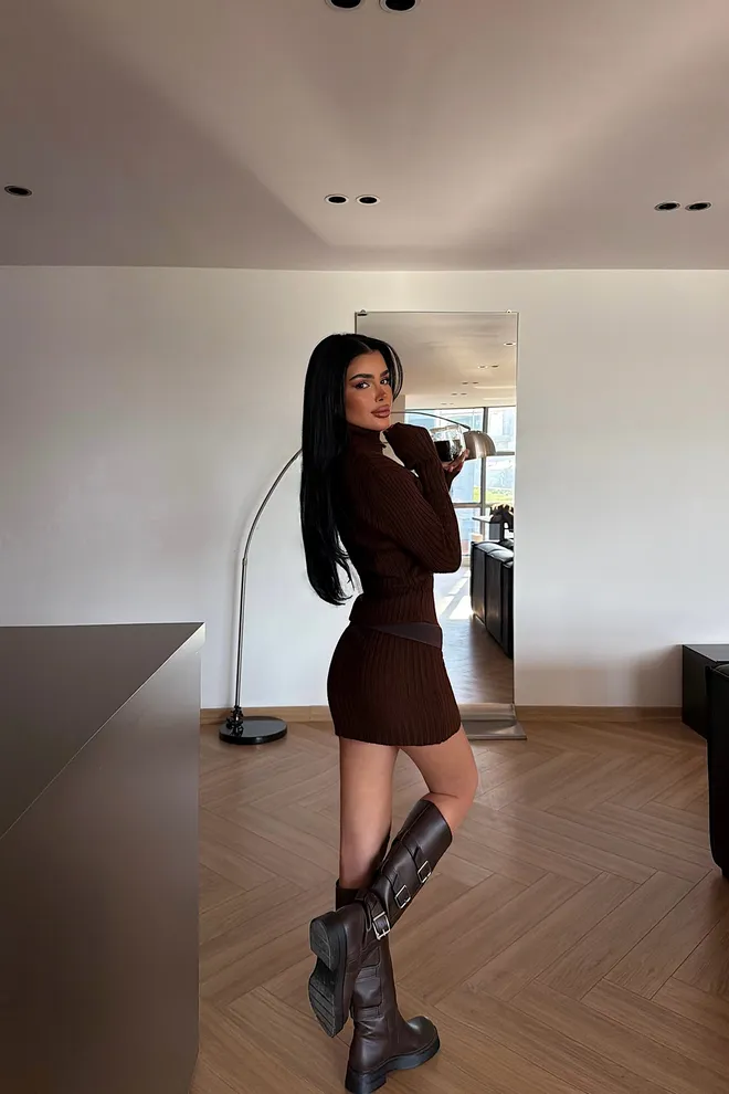 EYYO ATELIER Brown Sexy Bodycon Mini Dress With High Neck Wholesale Clothing Lounge