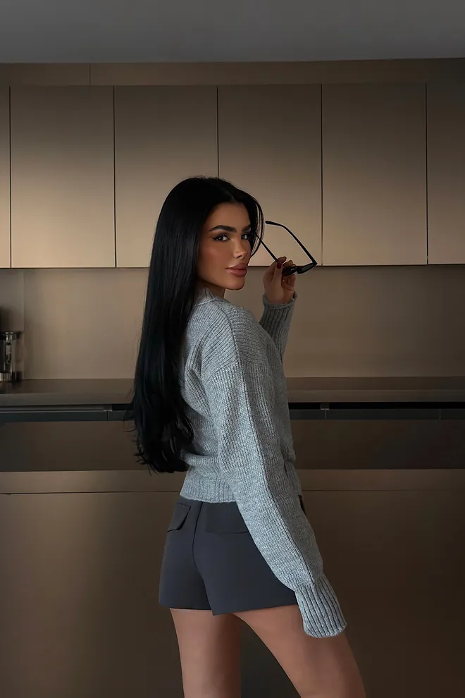 EYYO ATELIER Grey Cardigan With Zip Up Closure Casual Elegant Wholesale Clothing Fall