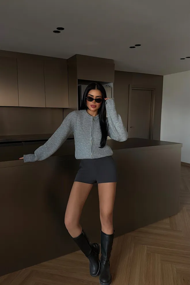 EYYO ATELIER Grey Cardigan With Zip Up Closure Casual Elegant Wholesale Clothing 1