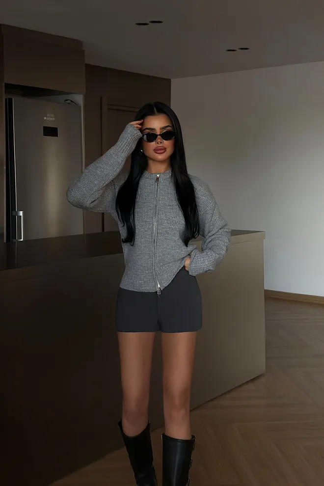 EYYO ATELIER Grey Cardigan With Zip Up Closure Casual Elegant Wholesale Clothing Lounge