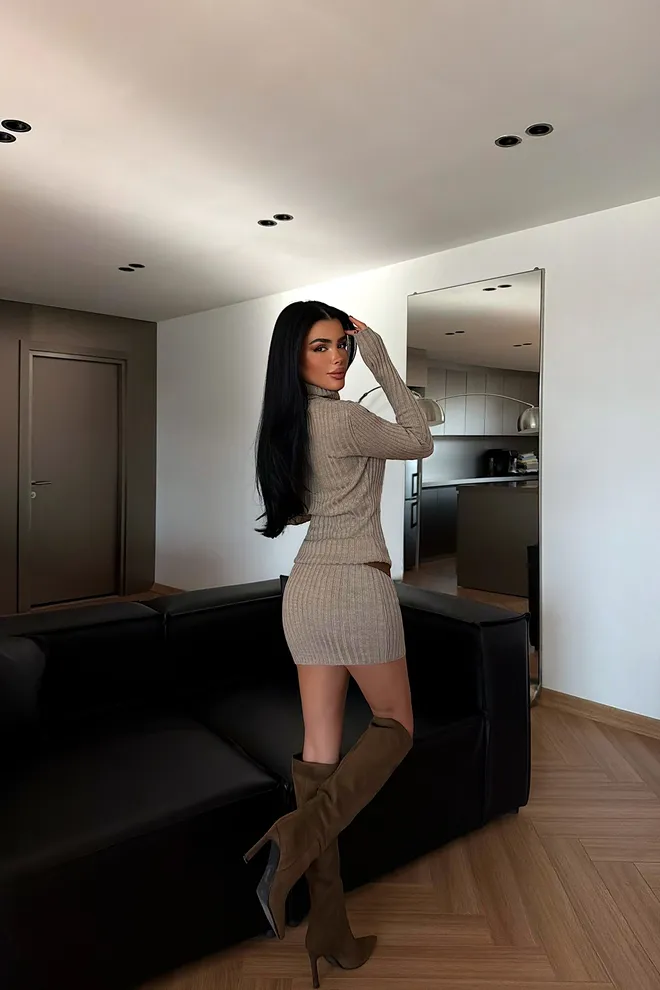 EYYO ATELIER Beige Sweater Mini Dress With Turtle Neck Wholesale Clothing Fall