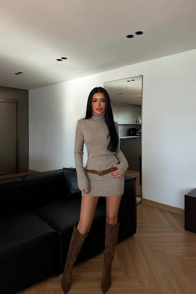 EYYO ATELIER Beige Sweater Mini Dress With Turtle Neck Wholesale Clothing 1