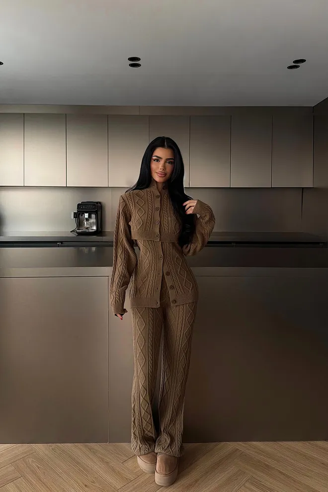 EYYO ATELIER Bruin Elegant Casual Gesnoerd Set Groothandel Kleding Bescheiden