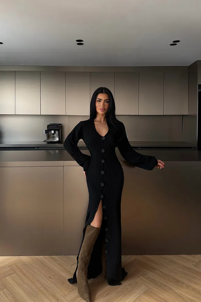 EYYO ATELIER Vestido Bodycon Preto Elegante Com Mangas De Balão Roupas por atacado Casual