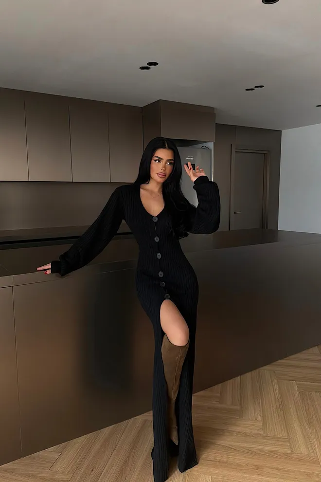 EYYO ATELIER Black Elegant Bodycon Dress With Ballon Sleeves Wholesale Clothing 1