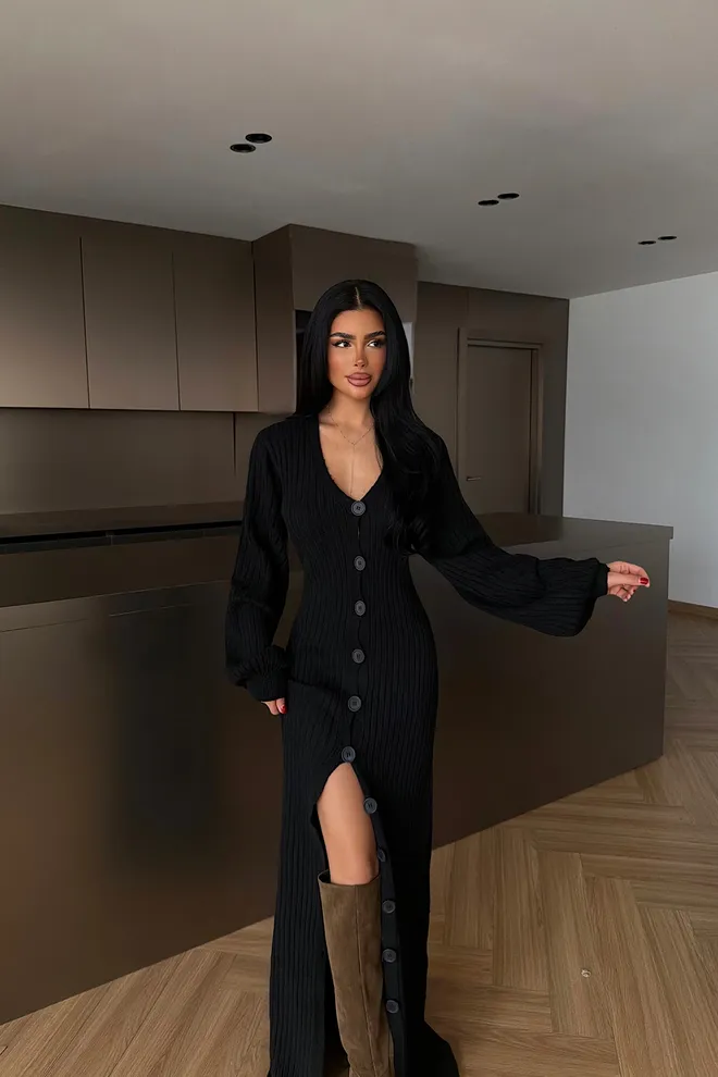 EYYO ATELIER Black Elegant Bodycon Dress With Ballon Sleeves Wholesale Clothing Work