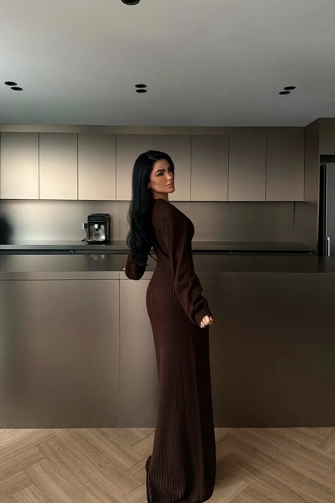 EYYO ATELIER Brown Elegant V Neck Floor Length Sweater Dress Wholesale Clothing Fall