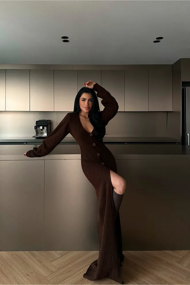 EYYO ATELIER Brown Elegant V Neck Floor Length Sweater Dress Wholesale Clothing 1