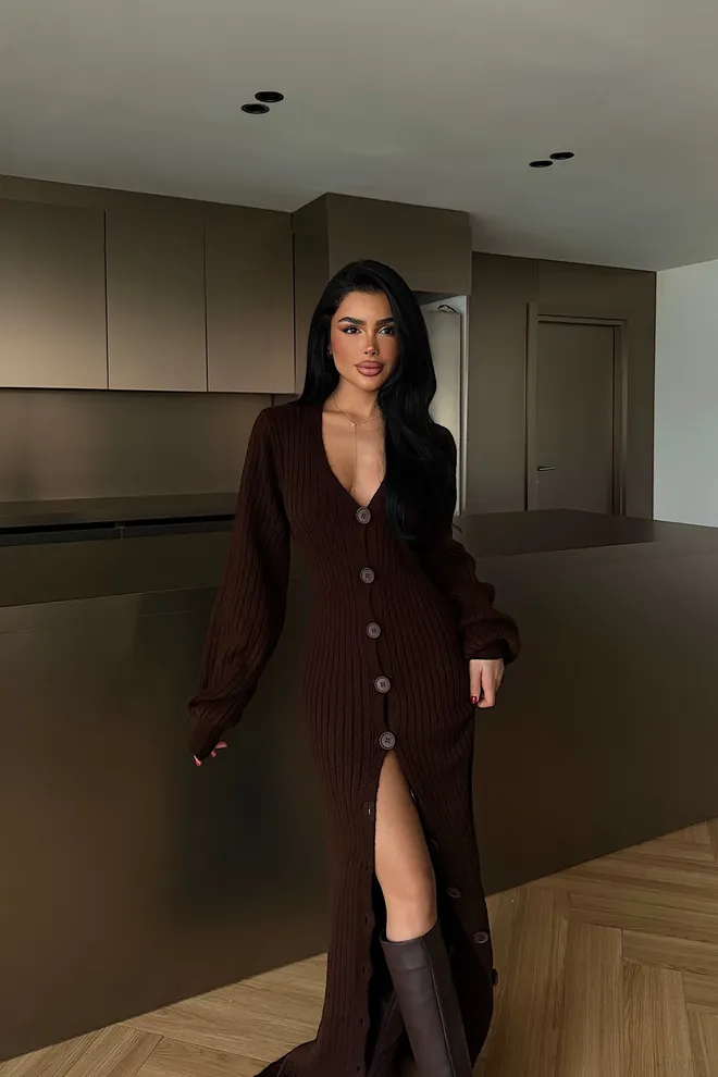 EYYO ATELIER Brown Elegant V Neck Floor Length Sweater Dress Wholesale Clothing Work