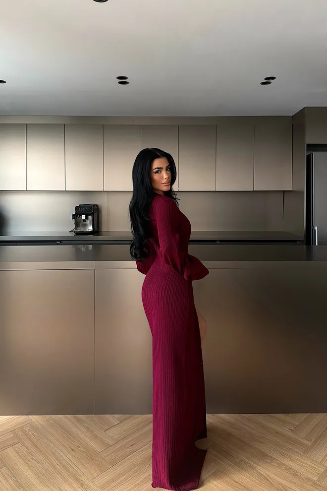 EYYO ATELIER Claret Red Elegant Sweater Dress Floor Length V Neck Wholesale Clothing Fall