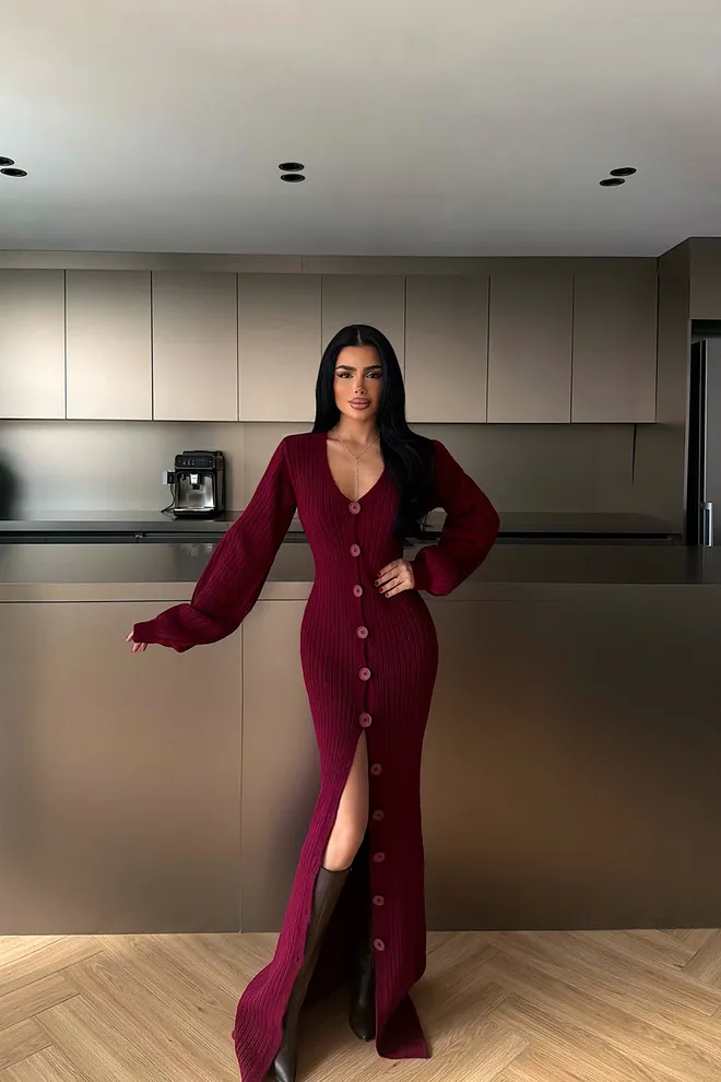 EYYO ATELIER Bordeauxrood Elegante Trui Jurk Vloerlengte Met V hals Groothandel Kleding Vintage