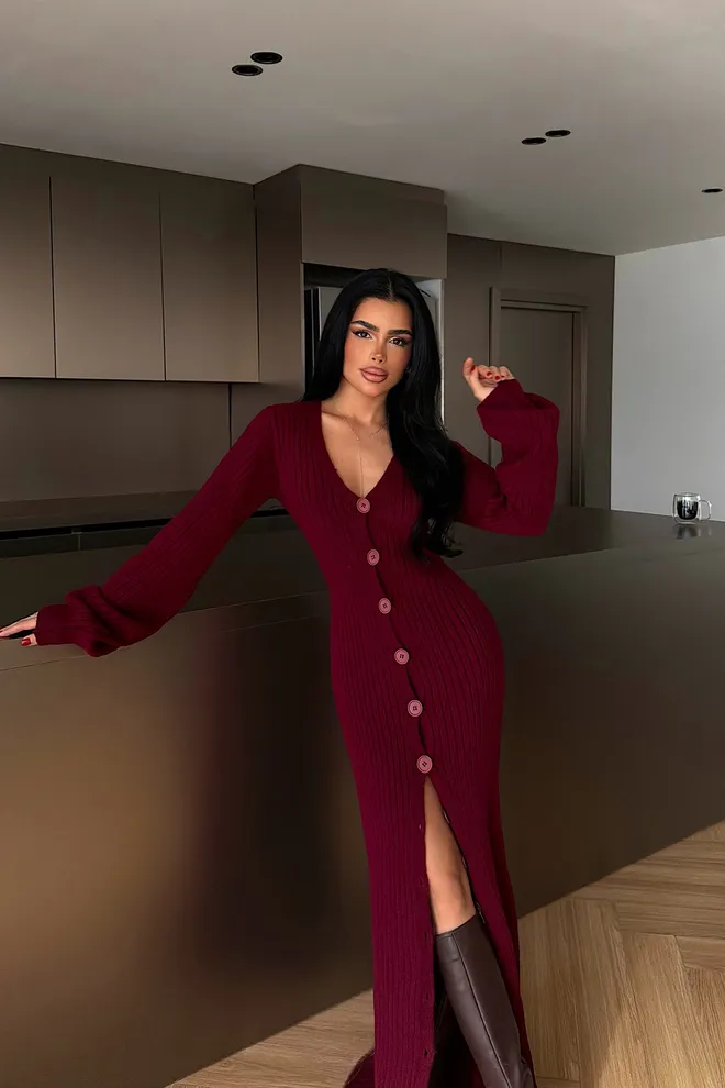 EYYO ATELIER Claret Red Elegant Sweater Dress Floor Length V Neck Wholesale Clothing 1