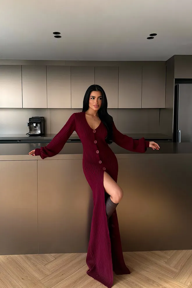 EYYO ATELIER Claret Red Elegant Sweater Dress Floor Length V Neck Wholesale Clothing Work