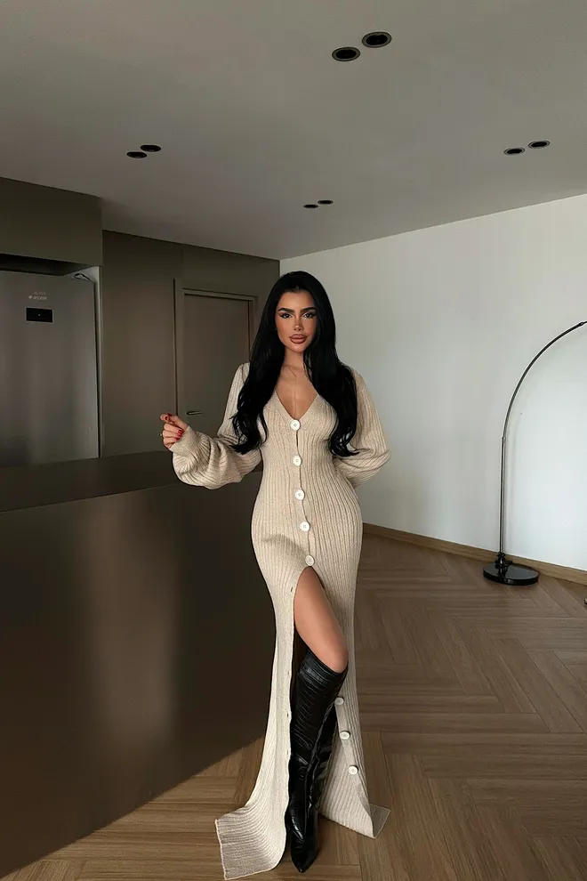 EYYO ATELIER Vestido Bodycon Bege Com Mangas De Balão Roupas por atacado Casual