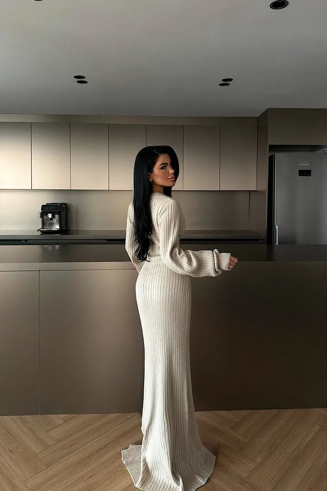 EYYO ATELIER Beige Bodycon Dress With Ballon Sleeves Wholesale Clothing Fall