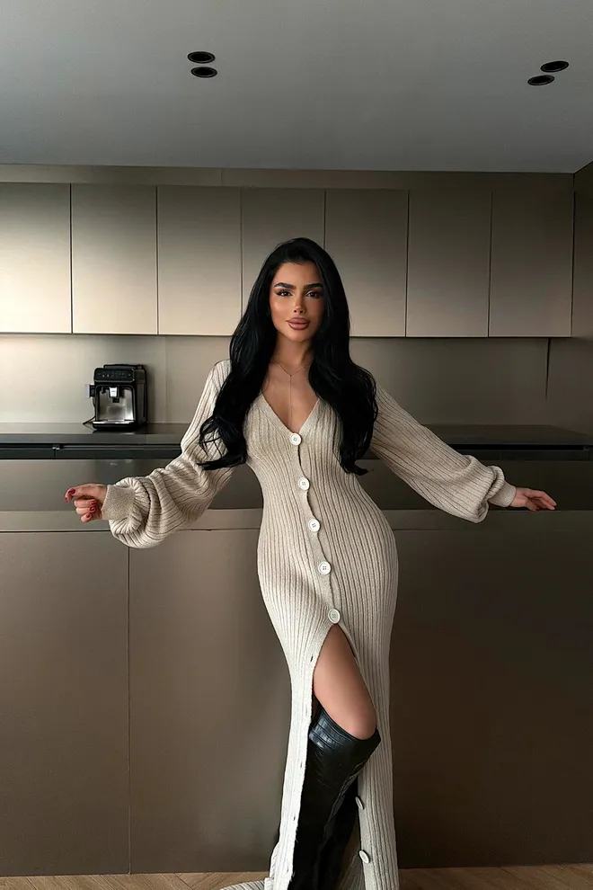 EYYO ATELIER Beige Bodycon Dress With Ballon Sleeves Wholesale Clothing 1