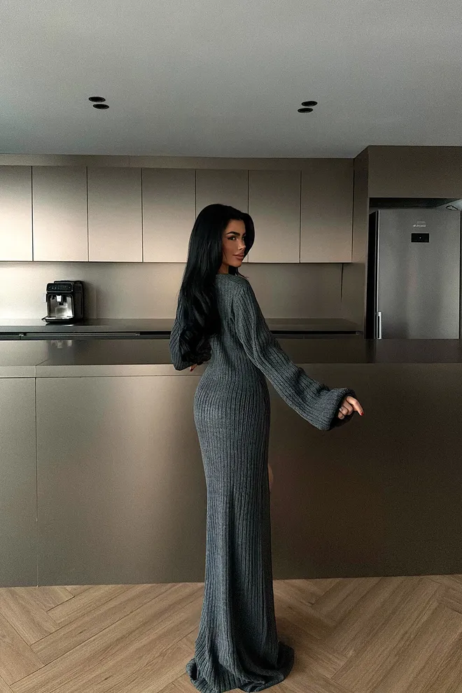 EYYO ATELIER Серое Элегантное Платье свитер С V образным Вырезом И Баллонными Рукавами Оптовая продажа одежды Падают осенью