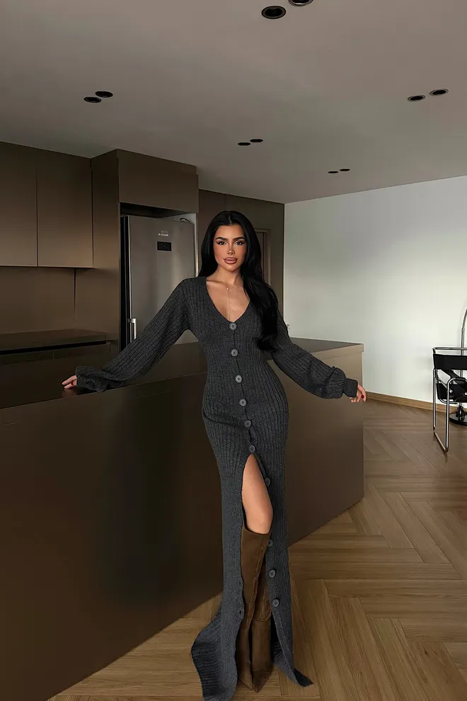 EYYO ATELIER Grijze Elegante V hals Trui Jurk Met Ballonmouwen Groothandel Kleding Casual