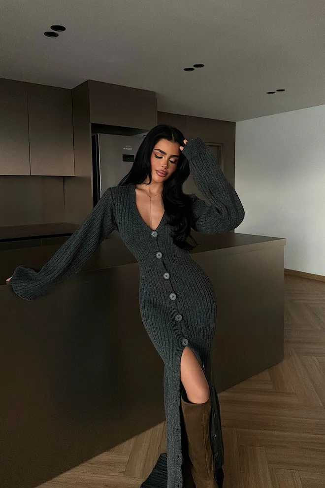 EYYO ATELIER Серое Элегантное Платье свитер С V образным Вырезом И Баллонными Рукавами Оптовая продажа одежды 1