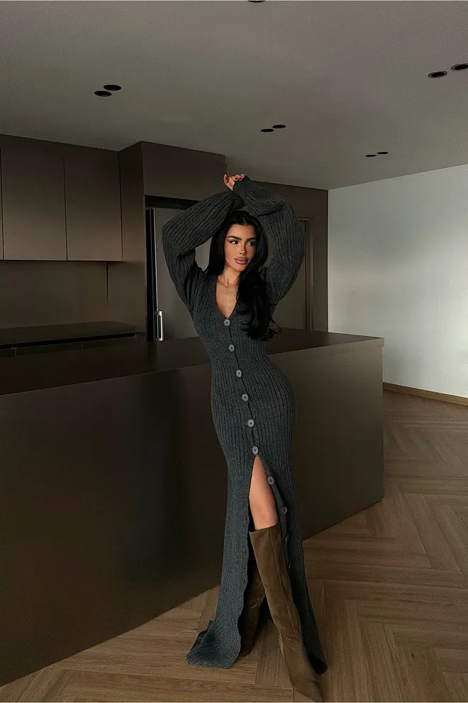 EYYO ATELIER Серое Элегантное Платье свитер С V образным Вырезом И Баллонными Рукавами Оптовая продажа одежды Работа