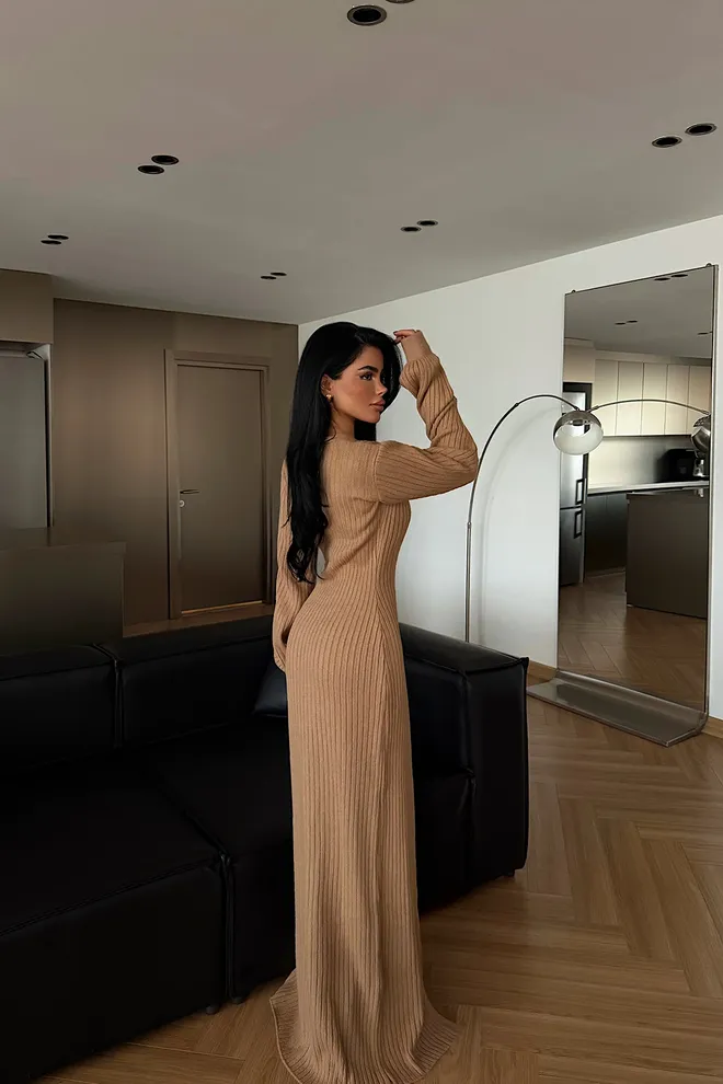 EYYO ATELIER Elegant Beige Sweater Dress With V Neck Wholesale Clothing Fall