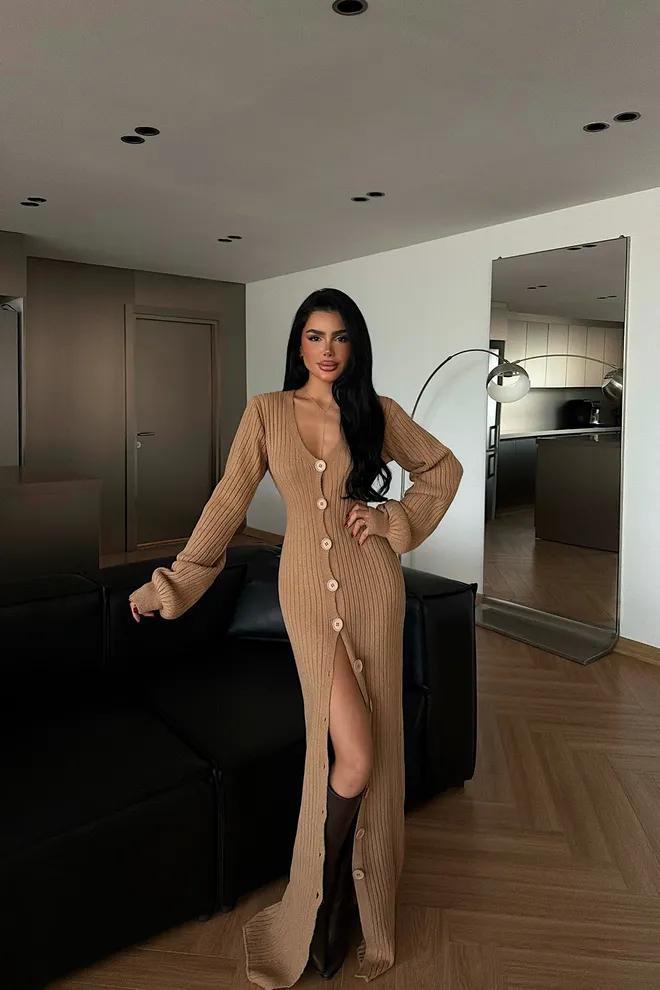 EYYO ATELIER Elegant Beige Sweater Dress With V Neck Wholesale Clothing Lounge