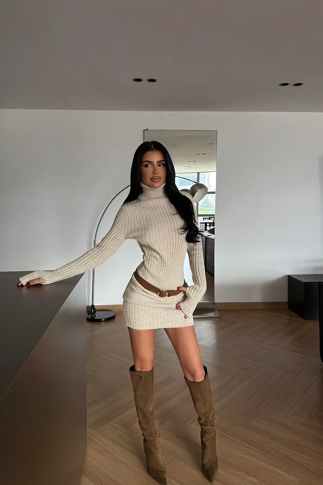 EYYO ATELIER Beige Elegant Sweater Dress With Turtle Neck Wholesale Clothing Casual