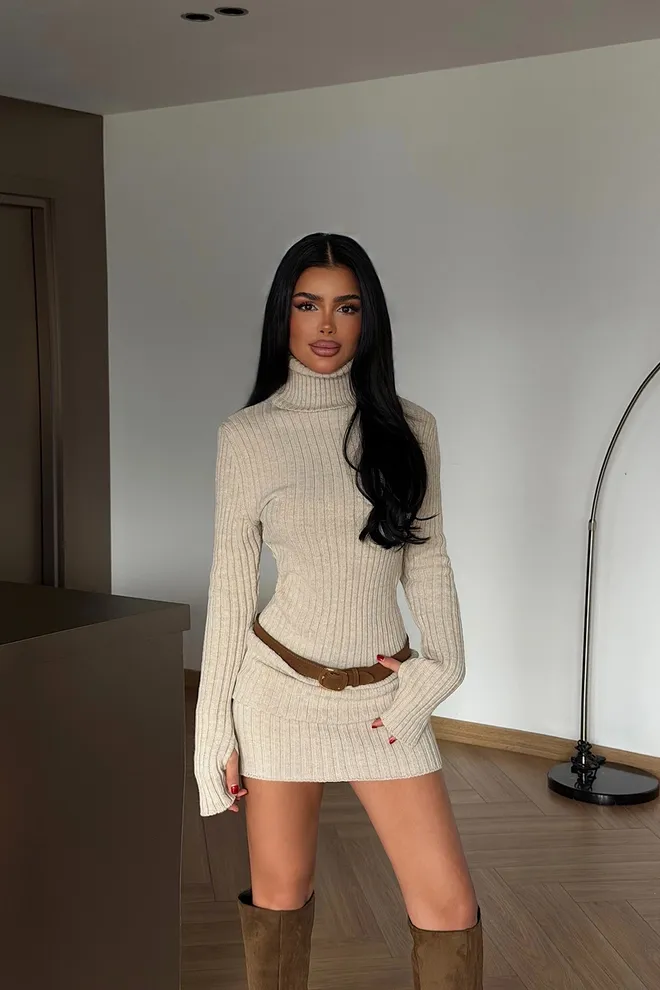 EYYO ATELIER Bež Elegantna Džemper Haljina S Turtle Neckom Veleprodaja odjeće 1