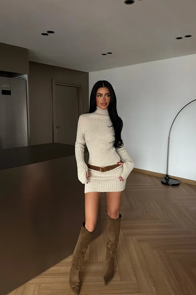 EYYO ATELIER Bež Elegantna Džemper Haljina S Turtle Neckom Veleprodaja odjeće Lounge