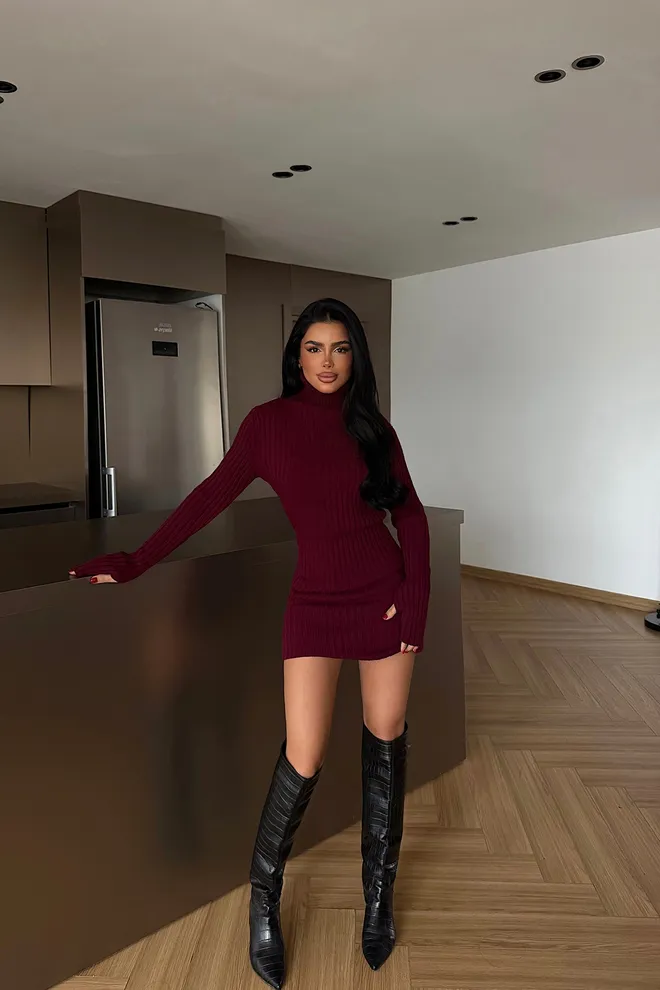 EYYO ATELIER Claret Red Bodycon Mini Dress With Turtle Neck Wholesale Clothing Fall