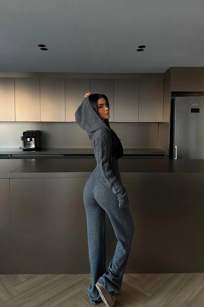 EYYO ATELIER Conjunto Casual Elegante Gris Con Cuello Con Capucha Ropa al por mayor Primavera