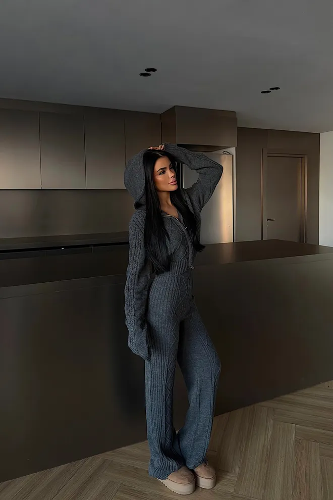 EYYO ATELIER Conjunto Casual Elegante Gris Con Cuello Con Capucha Ropa al por mayor 1