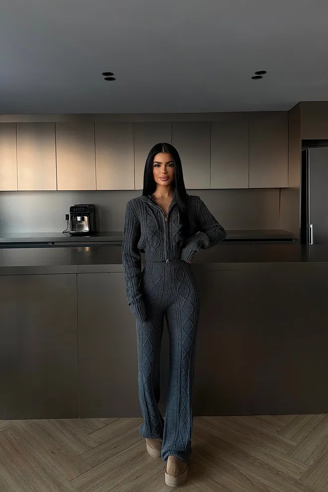 EYYO ATELIER Conjunto Casual Elegante Gris Con Cuello Con Capucha Ropa al por mayor Salón