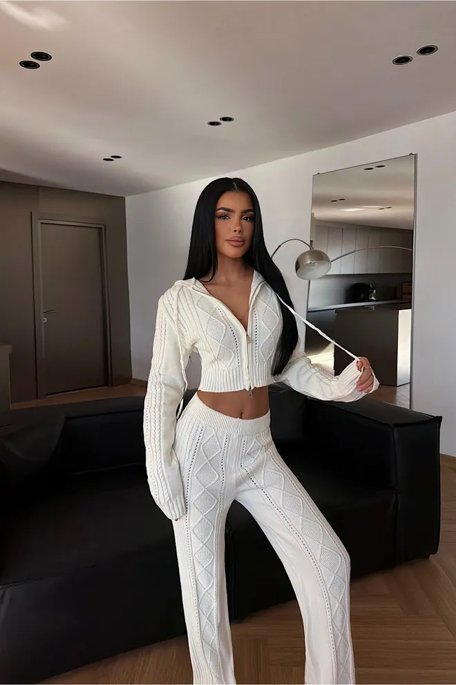 EYYO ATELIER Witte Elegante Zip Up Palazzo Set Groothandel Kleding Bescheiden