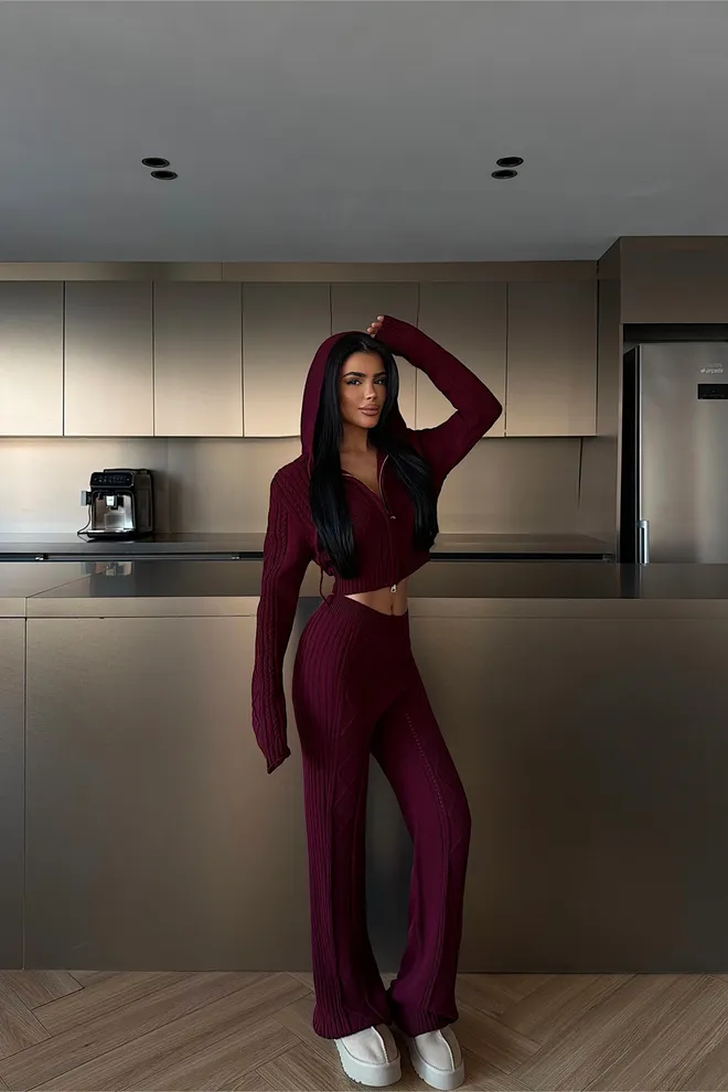 EYYO ATELIER Set Bordeauxrood Casual Sport Streetwear Palazzo Groothandel Kleding Casual