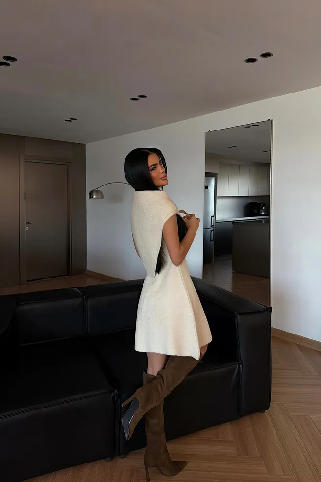 EYYO ATELIER Elegant Beige Fit And Flare Mini Dress Wholesale Clothing Fall