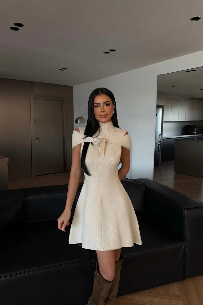 EYYO ATELIER Elegant Beige Fit And Flare Mini Dress Wholesale Clothing 1
