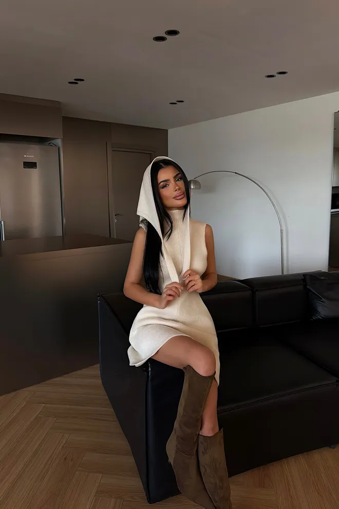 EYYO ATELIER Elegant Beige Fit And Flare Mini Dress Wholesale Clothing Work