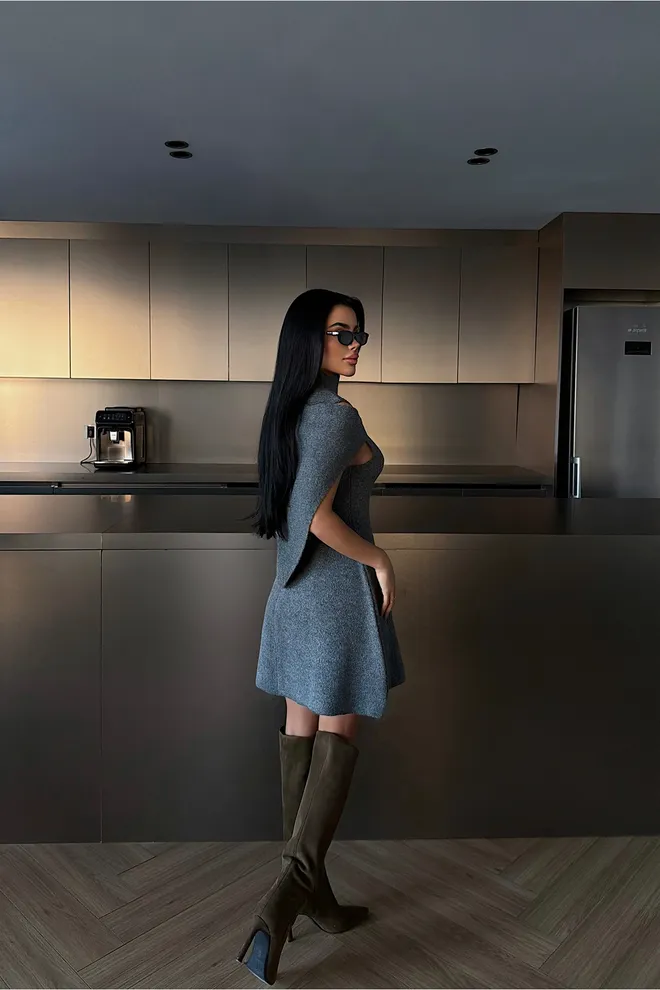 EYYO ATELIER Elegant Grey Fit And Flare Mini Dress Wholesale Clothing Fall